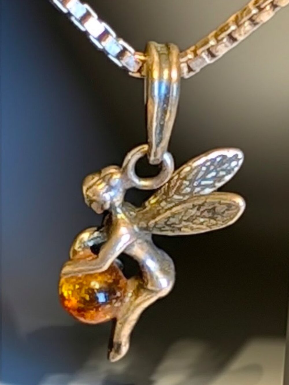 .925 Italy Sterling Silver Fairy Baltic Amber Orb Necklace